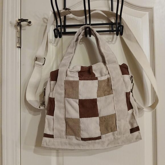 Y2K Style Neutral colors patchwork corduroy crossbody bag grunge boho - Picture 7 of 8